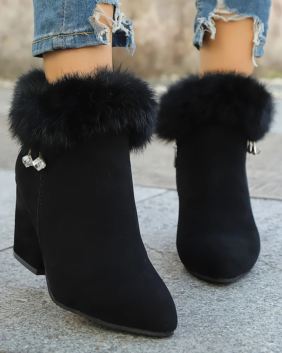 Women's Fur Trim Block Heel Ankle Boots with Side Zip Fastening – Gwen Grey