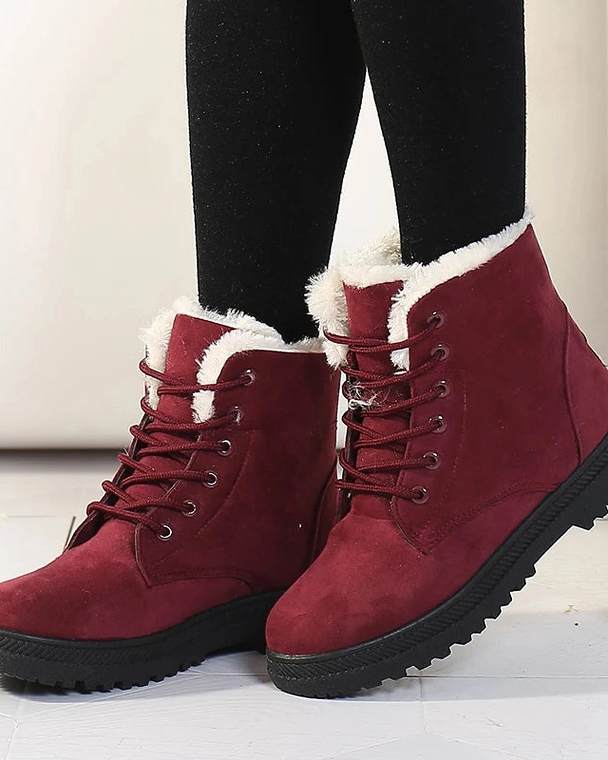 Women's Fur Trim Lace-Up Ankle Snow Boots with Chunky Grip Sole – Luna Belle