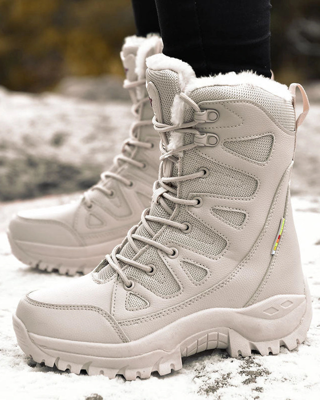 Women's Fur Trim Lace-Up Mid-Calf Snow Boots with Chunky Grip Sole – Ines Lou