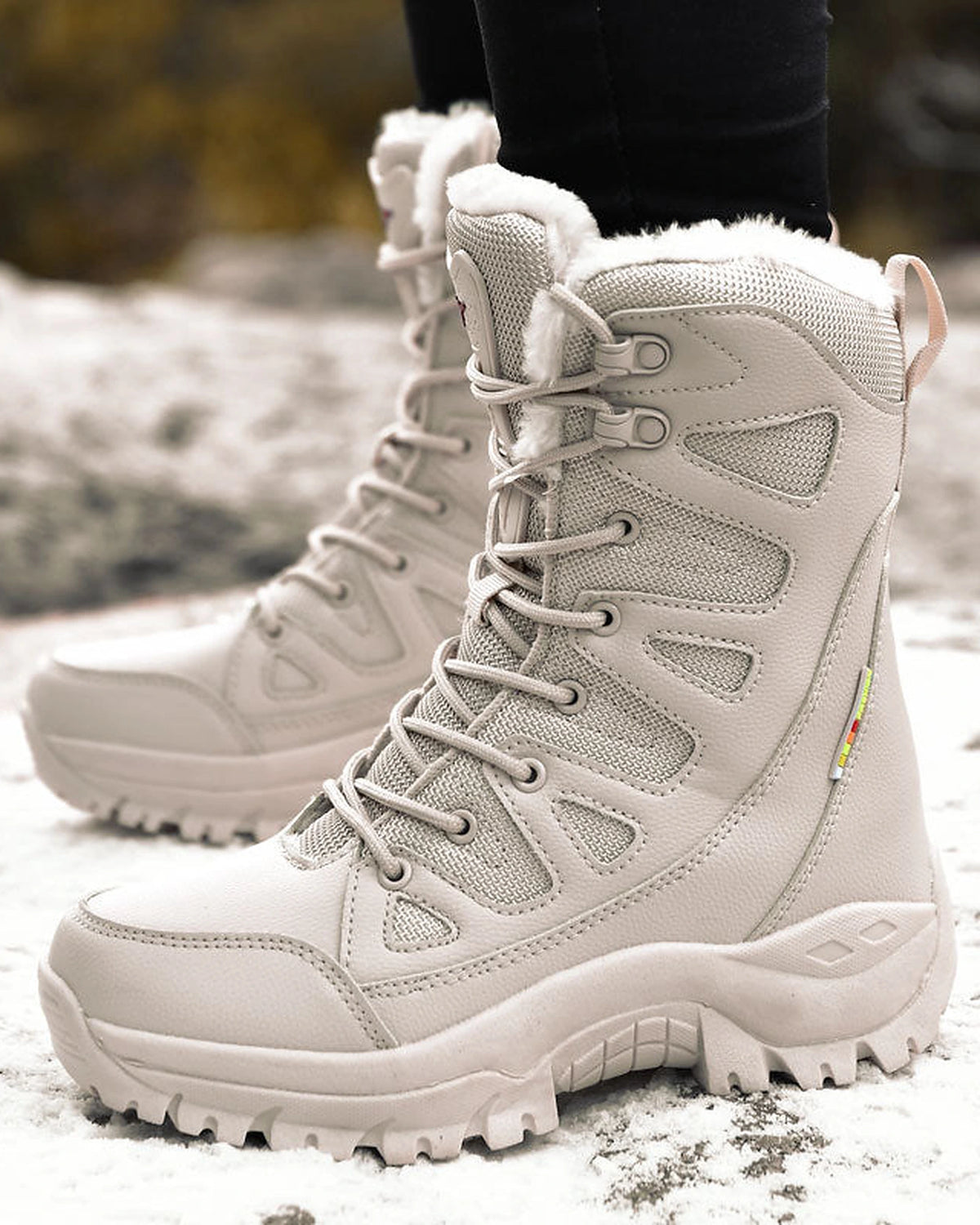 Women's Fur Trim Lace-Up Mid-Calf Snow Boots with Chunky Grip Sole – Ines Lou