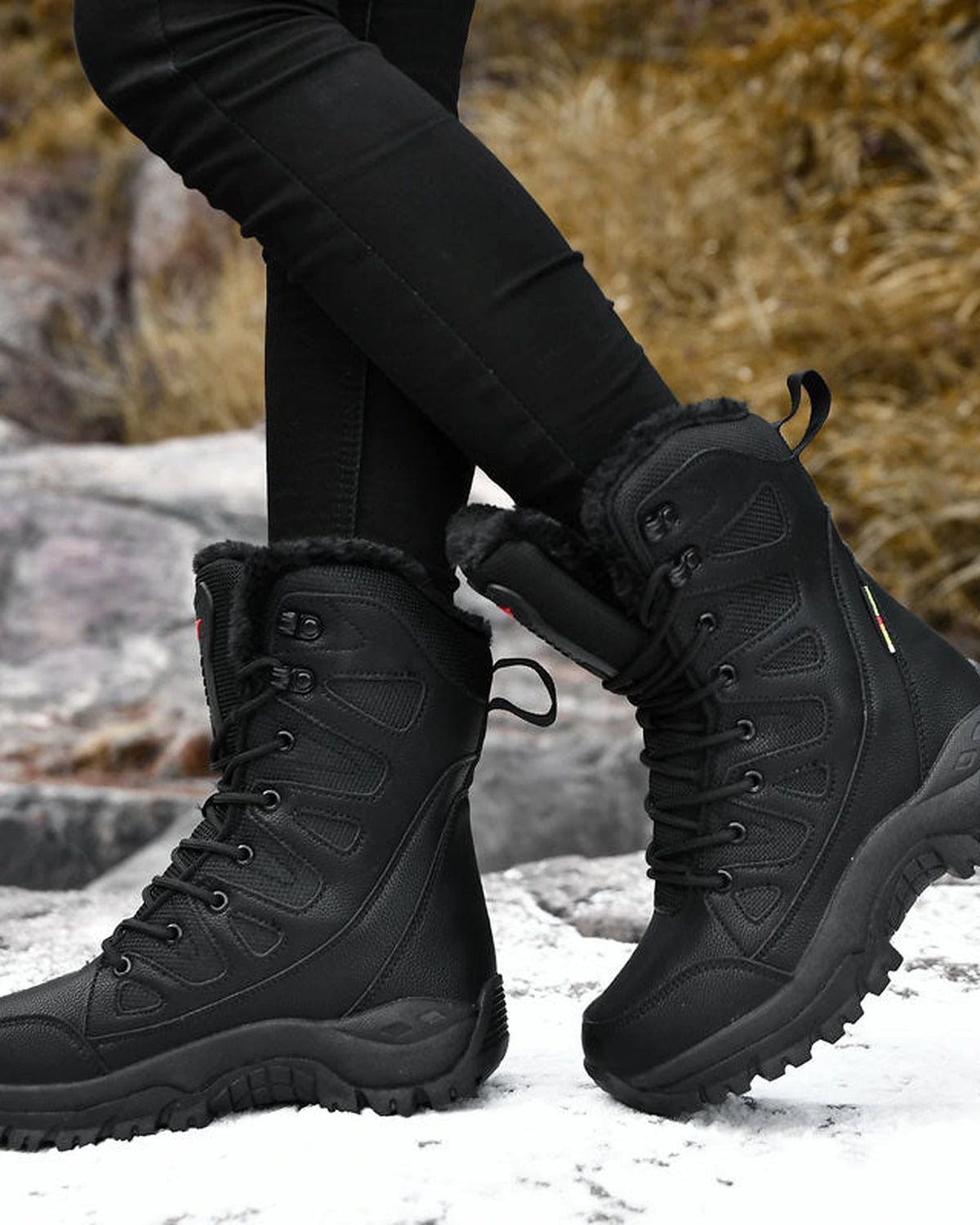 Women's Fur Trim Lace-Up Mid-Calf Snow Boots with Chunky Grip Sole – Ines Lou