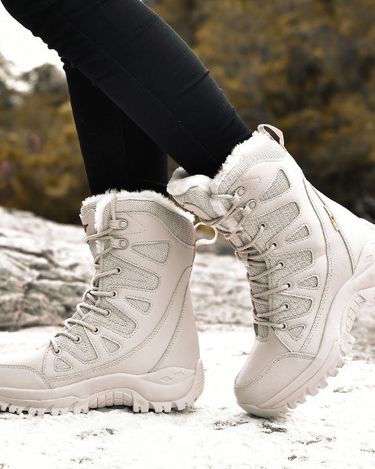 Women's Fur Trim Lace-Up Mid-Calf Snow Boots with Chunky Grip Sole – Ines Lou