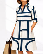 Women's Geometric Print Shirt Collar Midi Dress with Roll-Tab Sleeves – Imogen Jane