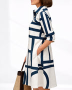 Women's Geometric Print Shirt Collar Midi Dress with Roll-Tab Sleeves – Imogen Jane