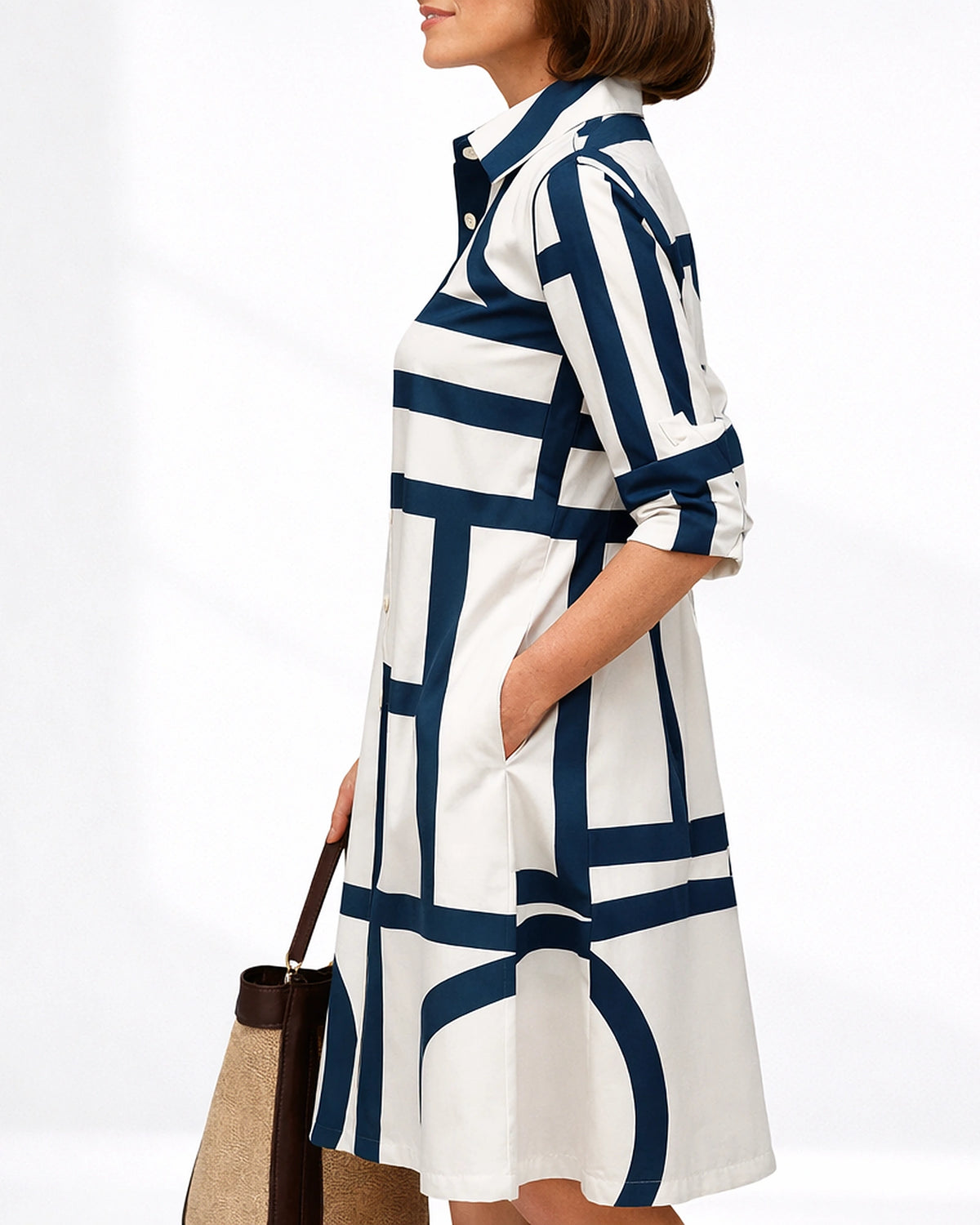 Women's Geometric Print Shirt Collar Midi Dress with Roll-Tab Sleeves – Imogen Jane
