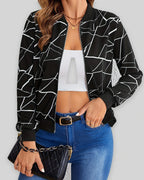 Women's Bomber Jacket with Geometric Print, Zip-Up and Ribbed Collar and Cuffs