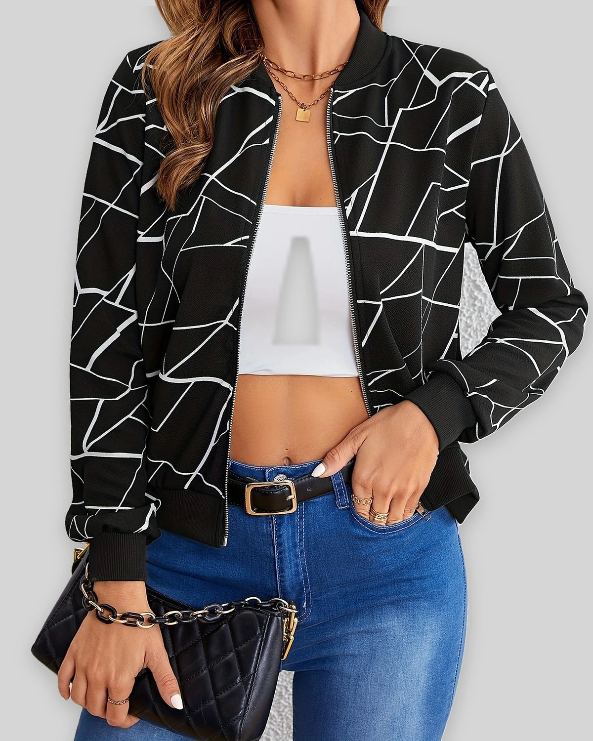 Women's Bomber Jacket with Geometric Print, Zip-Up and Ribbed Collar and Cuffs