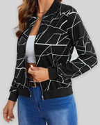 Women's Bomber Jacket with Geometric Print, Zip-Up and Ribbed Collar and Cuffs