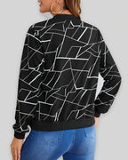 Women's Bomber Jacket with Geometric Print, Zip-Up and Ribbed Collar and Cuffs