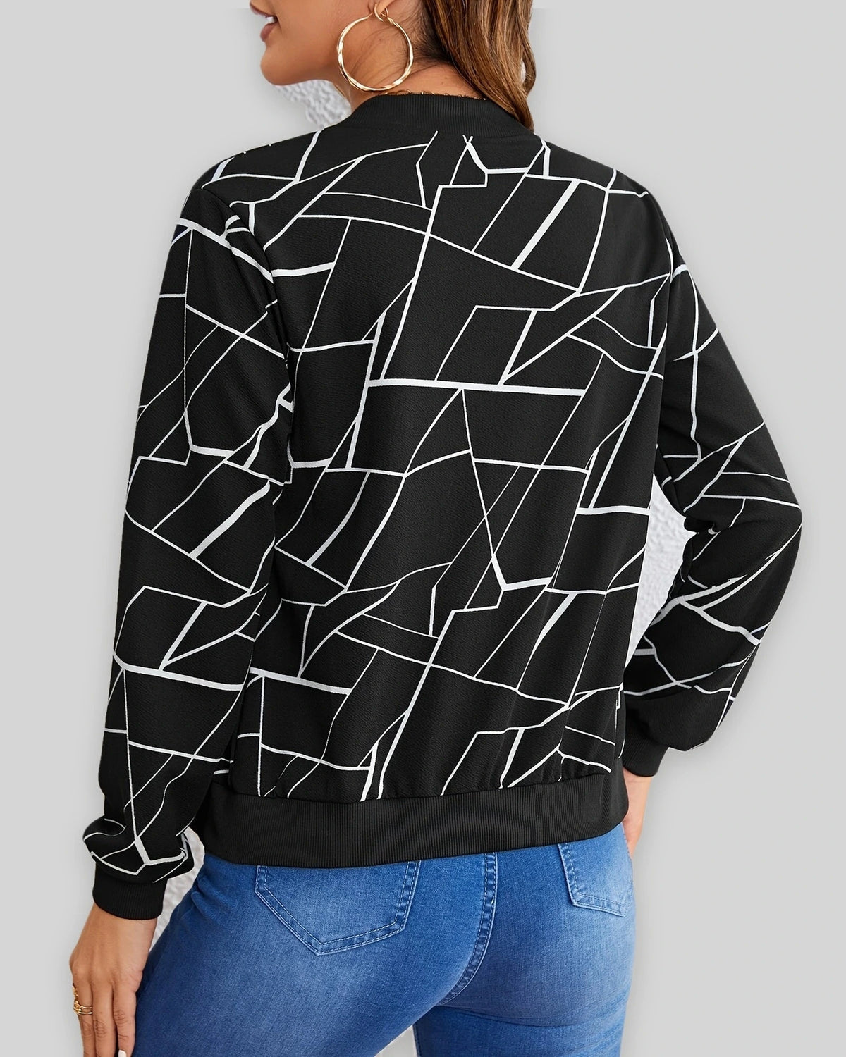 Women's Bomber Jacket with Geometric Print, Zip-Up and Ribbed Collar and Cuffs