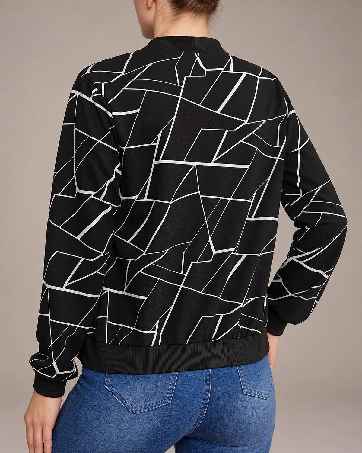 Women's Bomber Jacket with Geometric Print, Zip-Up and Ribbed Collar and Cuffs