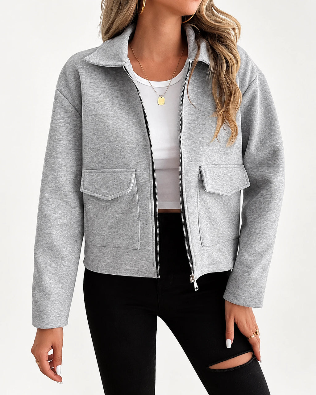 Women's Grey Zip-Up Overshirt, Cropped Utility Jacket with Flap Pockets – Iris