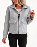 Women's Grey Zip-Up Overshirt, Cropped Utility Jacket with Flap Pockets – Iris