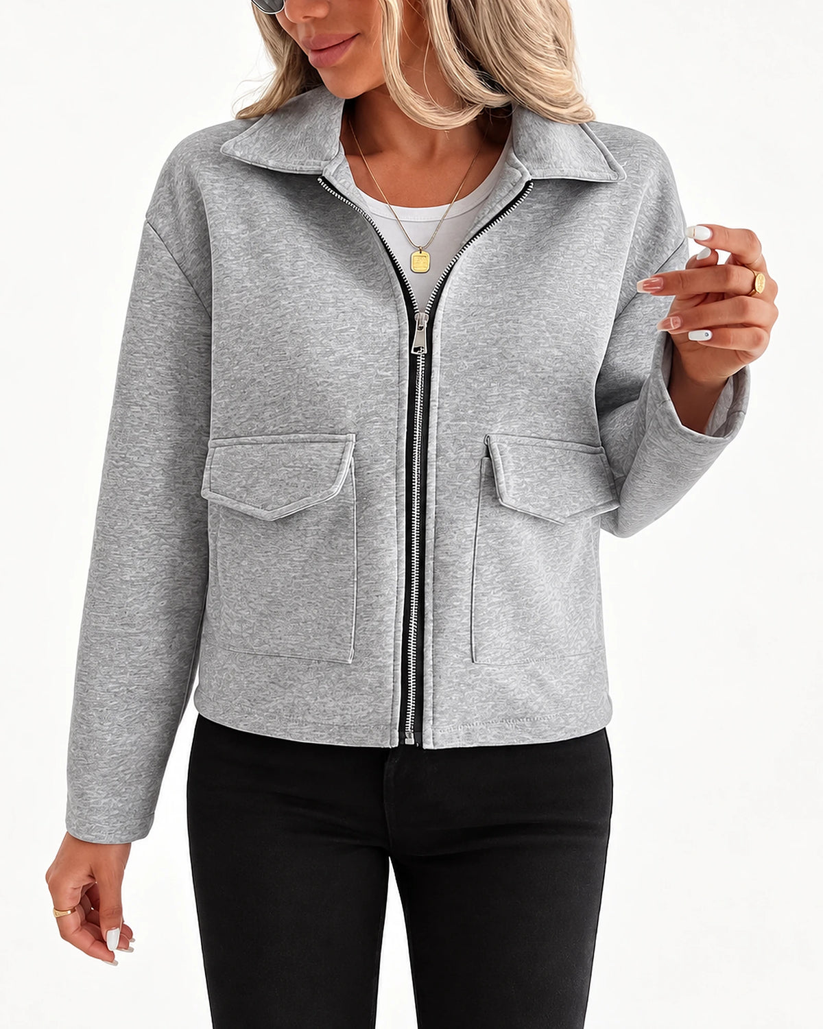 Women's Grey Zip-Up Overshirt, Cropped Utility Jacket with Flap Pockets – Iris