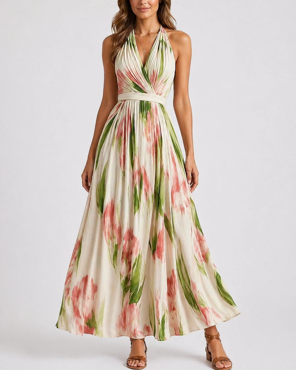 Women's Floral Maxi Dress with Open Back in Watercolour Print, Halter Neck – Olive Mae