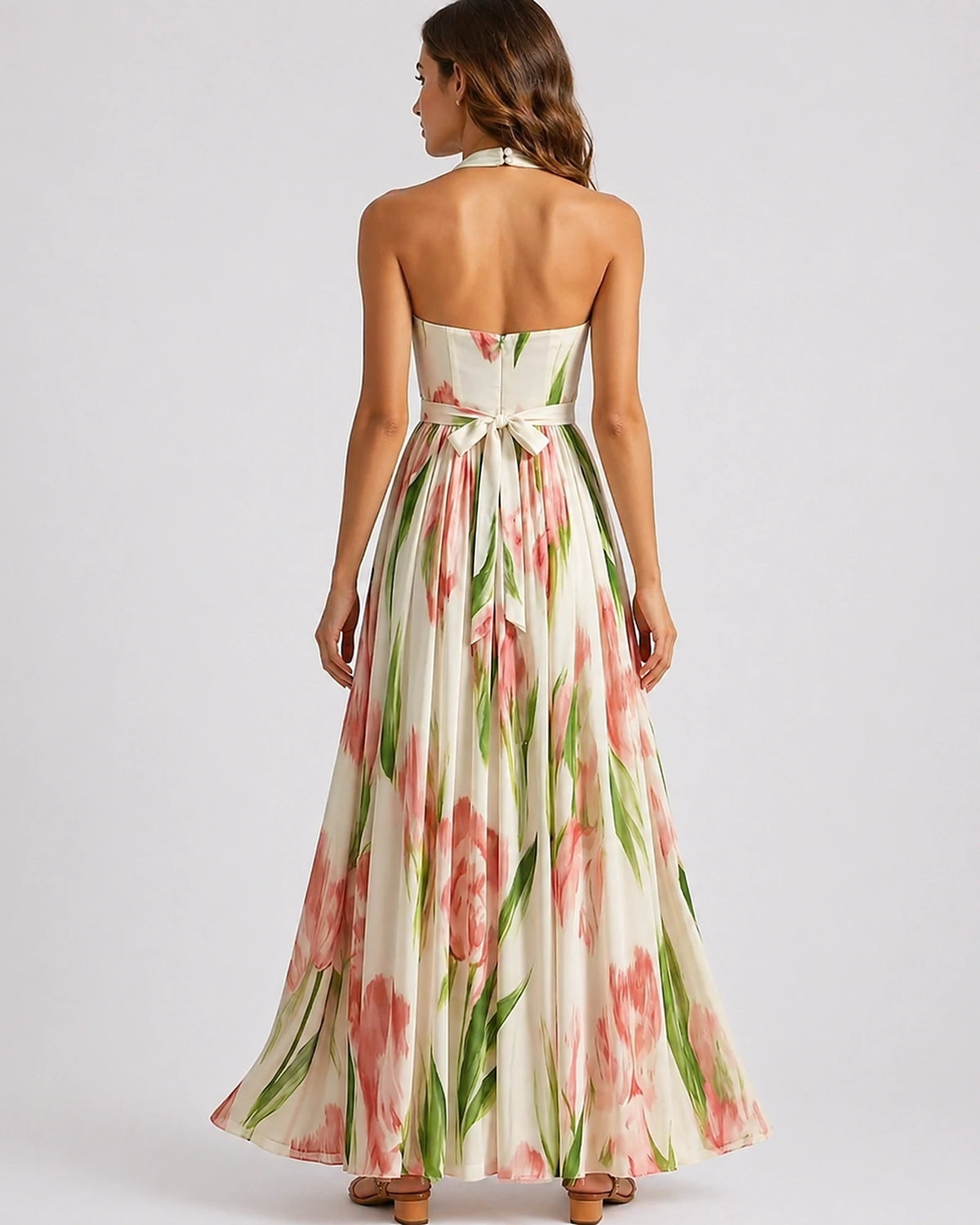 Women's Floral Maxi Dress with Open Back in Watercolour Print, Halter Neck – Olive Mae