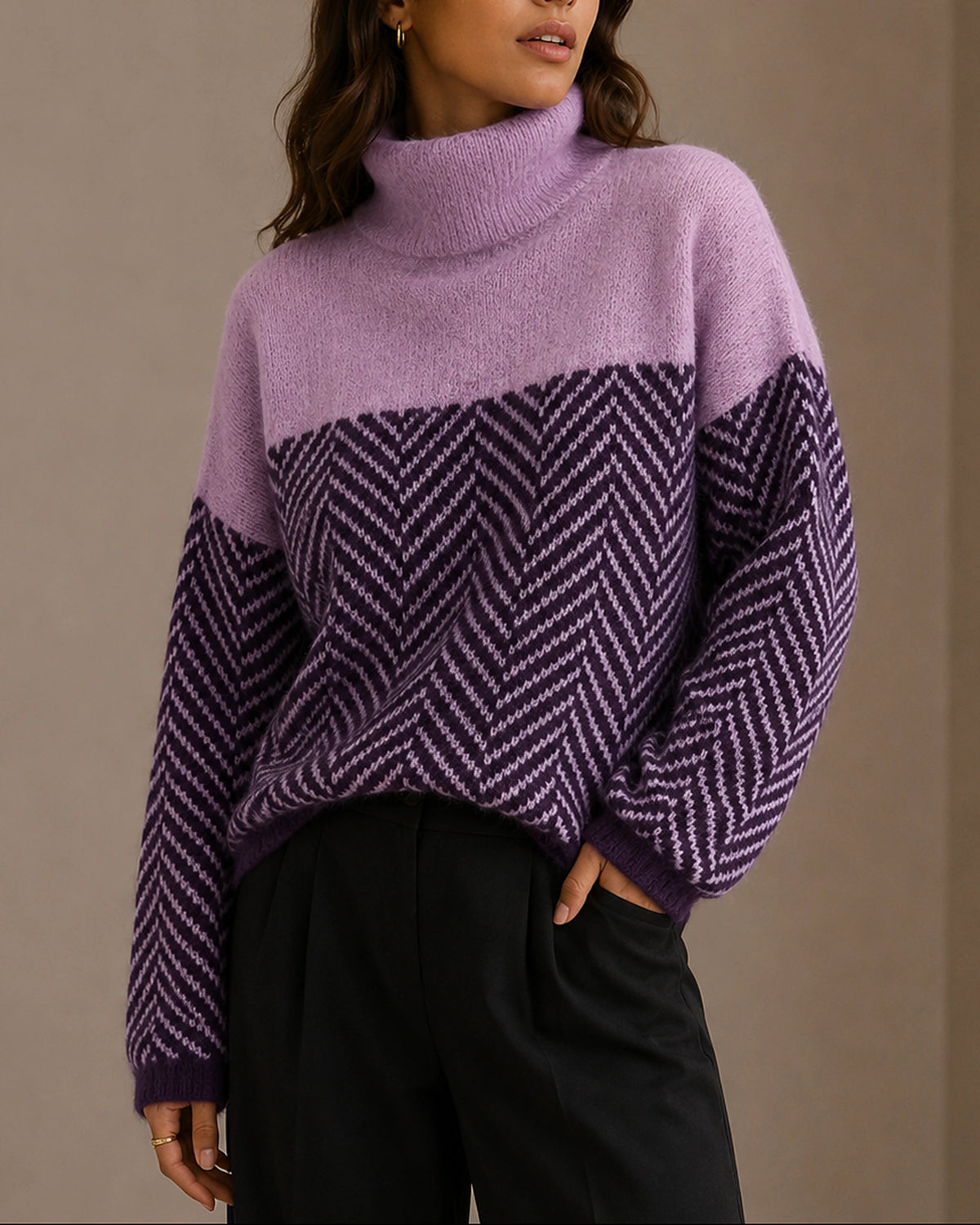 Women's Oversized Turtleneck Jumper with Herringbone Colour-Block Design and Ribbed Cuffs – Vera
