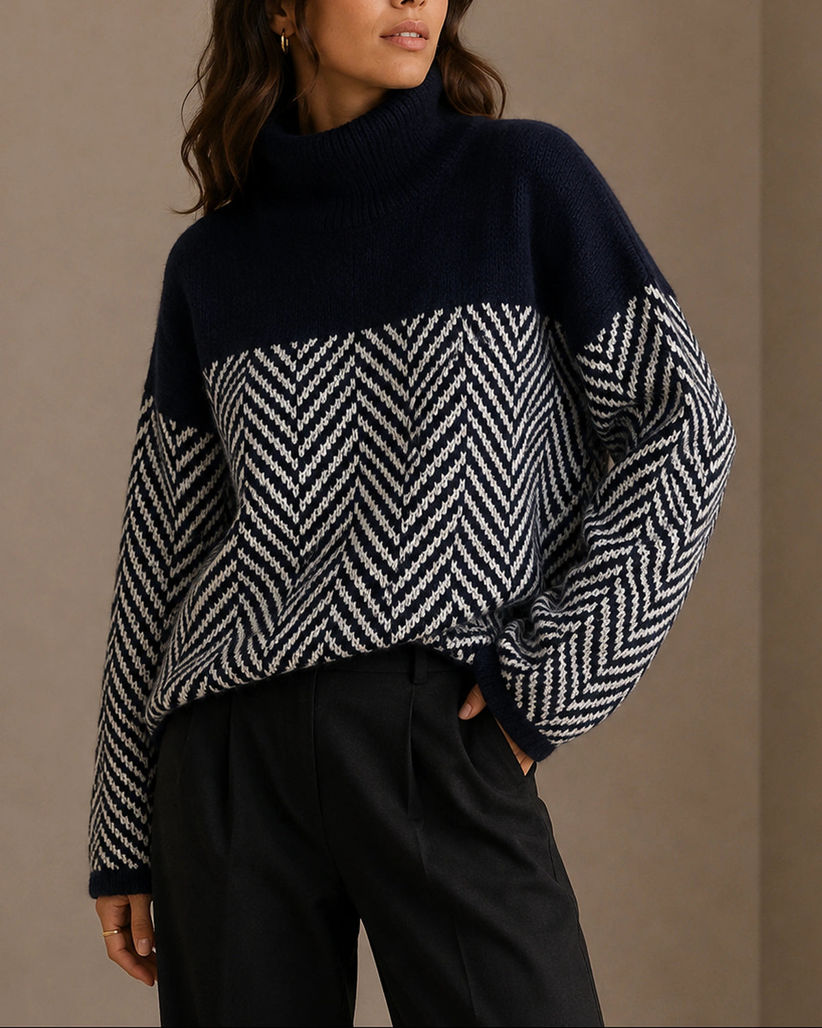 Women's Oversized Turtleneck Jumper with Herringbone Colour-Block Design and Ribbed Cuffs – Vera