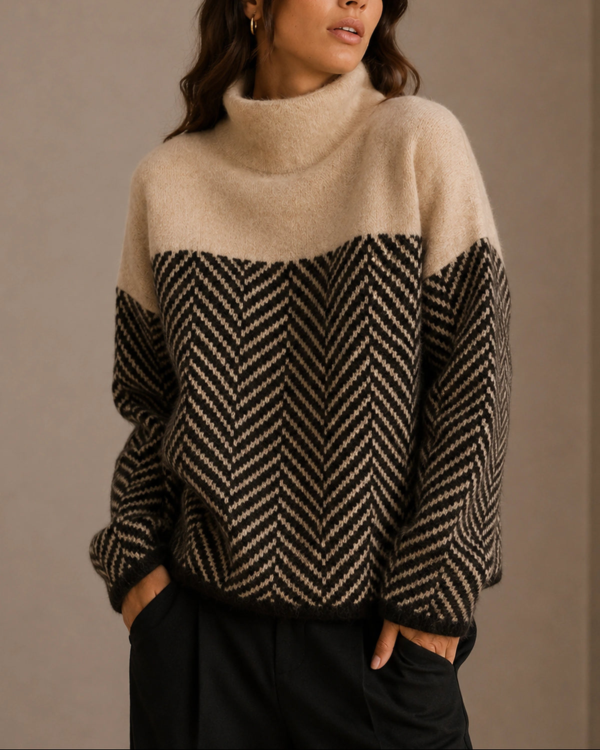 Women's Oversized Turtleneck Jumper with Herringbone Colour-Block Design and Ribbed Cuffs – Vera