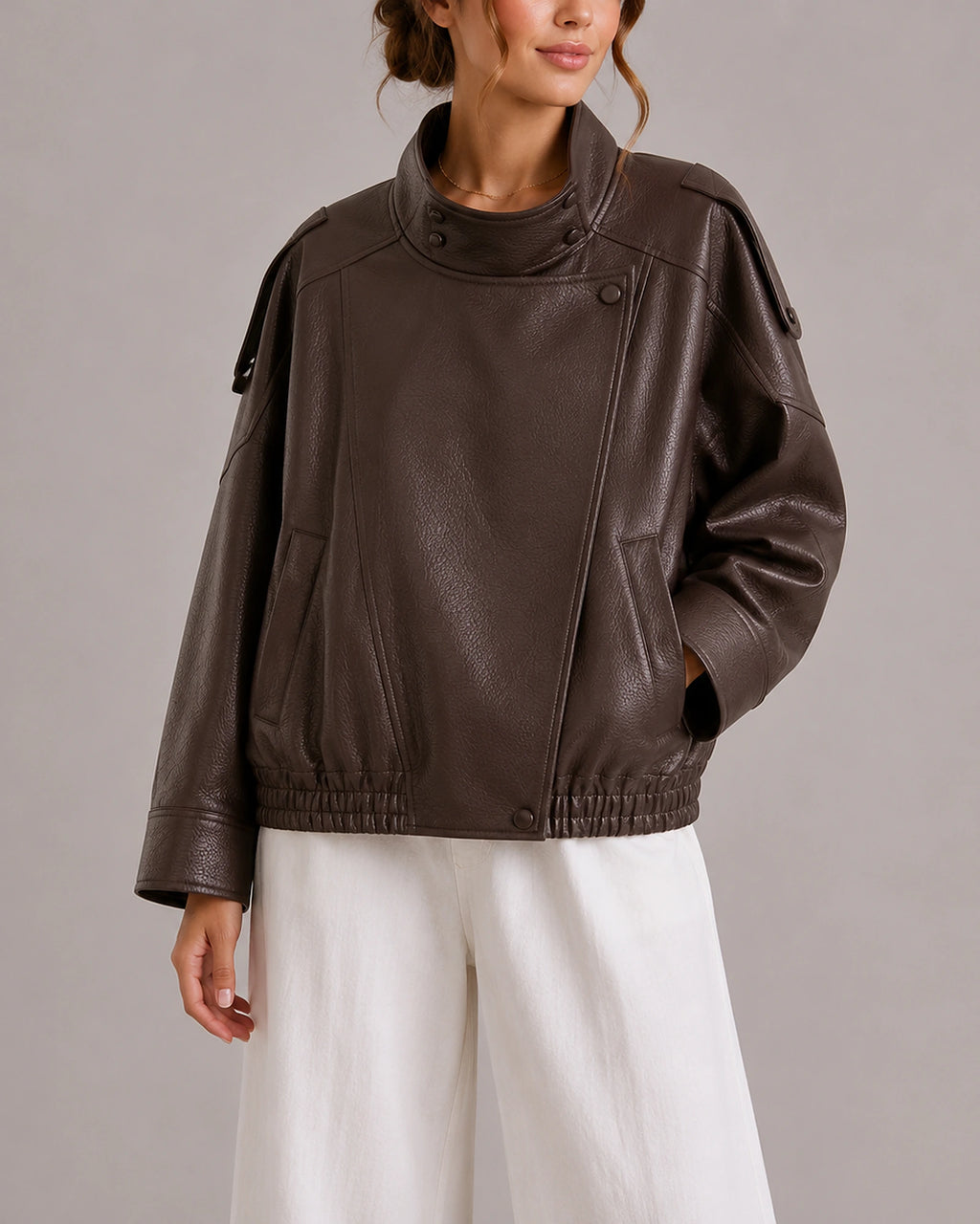 Women's Faux Leather Bomber Jacket with High Collar and Snap Button Placket, Oversized Fit – Cora