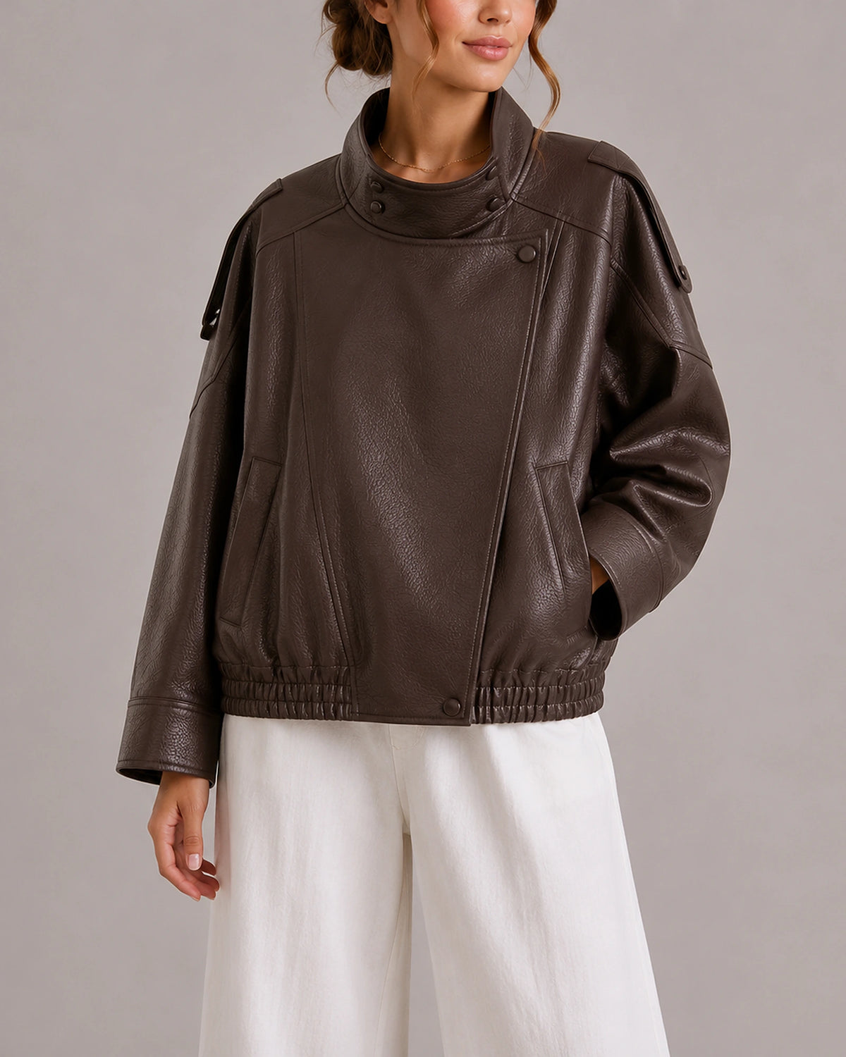Women's Faux Leather Bomber Jacket with High Collar and Snap Button Placket, Oversized Fit – Cora