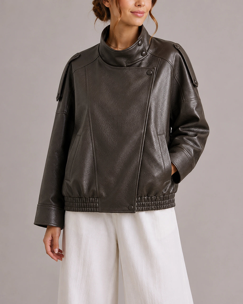 Women's Faux Leather Bomber Jacket with High Collar and Snap Button Placket, Oversized Fit – Cora