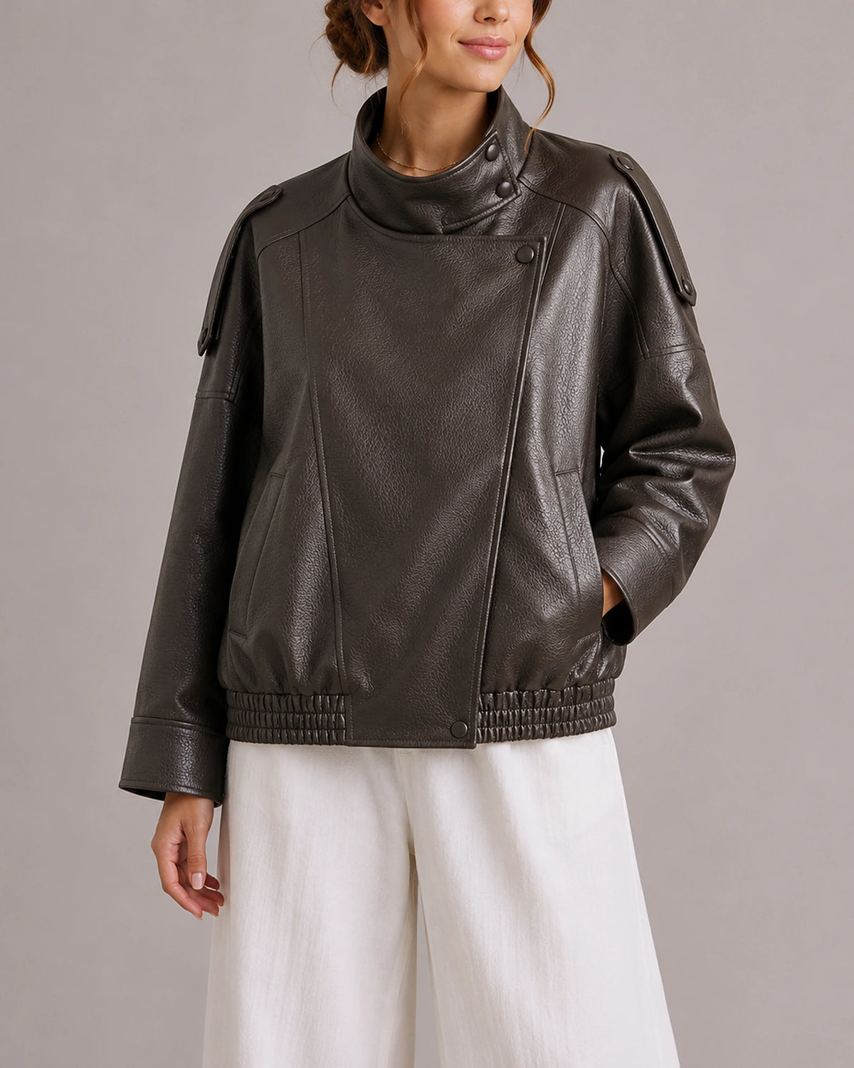 Women's Faux Leather Bomber Jacket with High Collar and Snap Button Placket, Oversized Fit – Cora