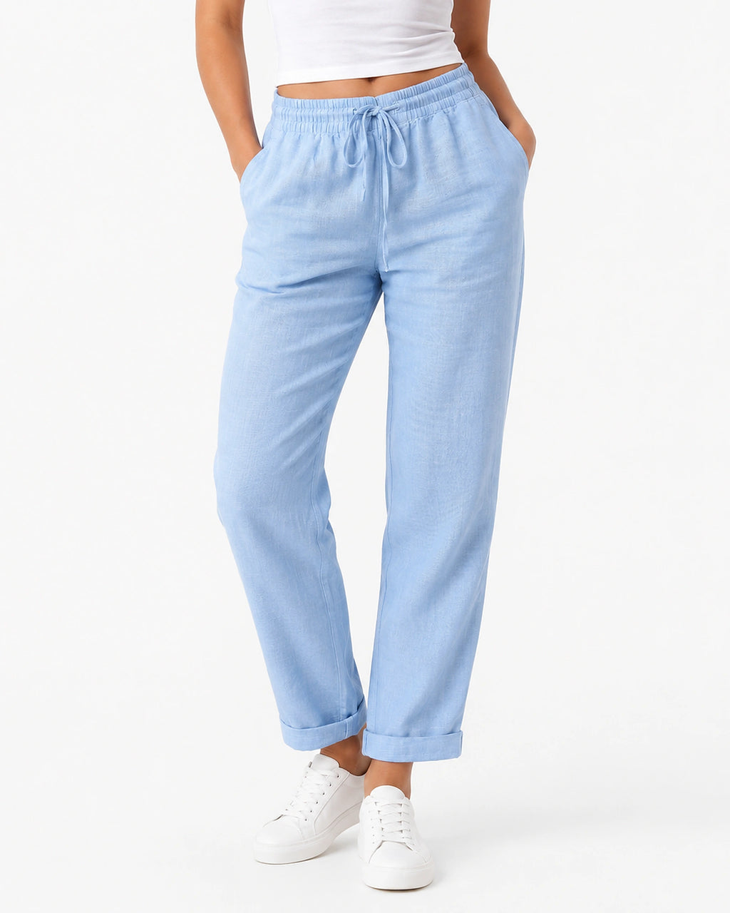 Women's High Waisted Drawstring Wide Leg Cotton Trousers with Side Pockets – Scarlett Grey
