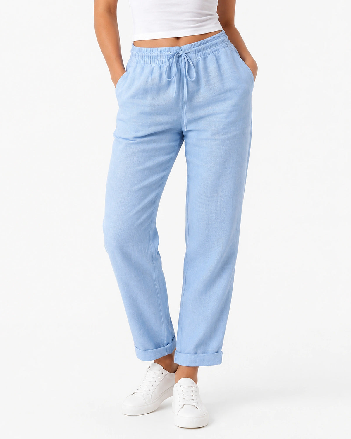 Women's High Waisted Drawstring Wide Leg Cotton Trousers with Side Pockets – Scarlett Grey