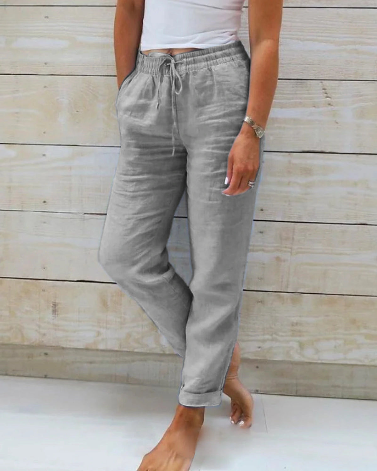 Women's High Waisted Drawstring Wide Leg Cotton Trousers with Side Pockets – Scarlett Grey