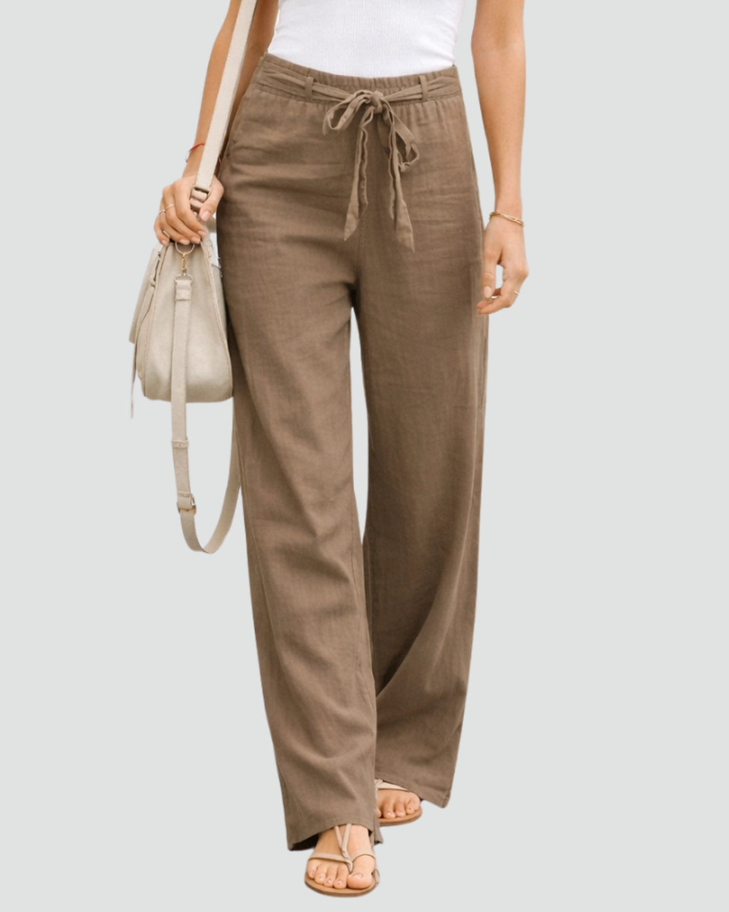 Women's High Waisted Drawstring Wide Leg Linen-Look Trousers with Side Pockets – Rhea Mae