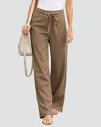 Women's High Waisted Drawstring Wide Leg Linen-Look Trousers with Side Pockets – Rhea Mae