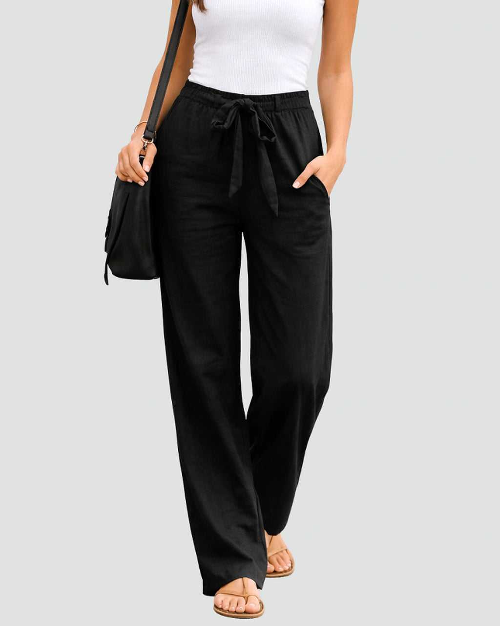 Women's High Waisted Drawstring Wide Leg Linen-Look Trousers with Side Pockets – Rhea Mae