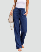 Women's High Waisted Drawstring Wide Leg Linen-Look Trousers with Side Pockets – Rhea Mae