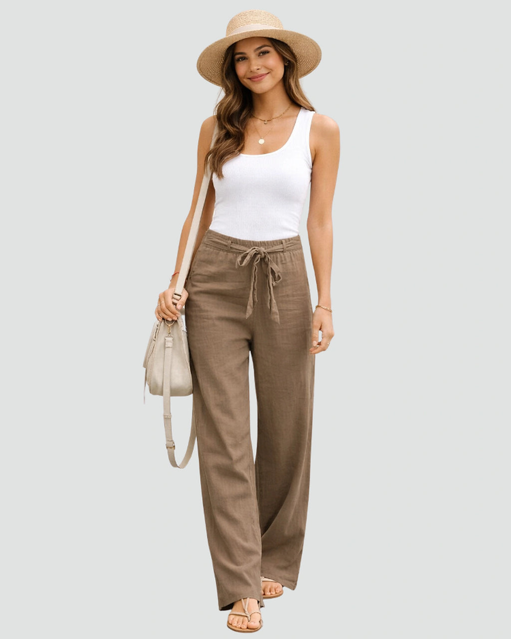 Women's High Waisted Drawstring Wide Leg Linen-Look Trousers with Side Pockets – Rhea Mae