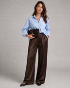 Women's High Waisted Wide Leg Satin-Look Trousers with Side Pockets – Vesper Jane