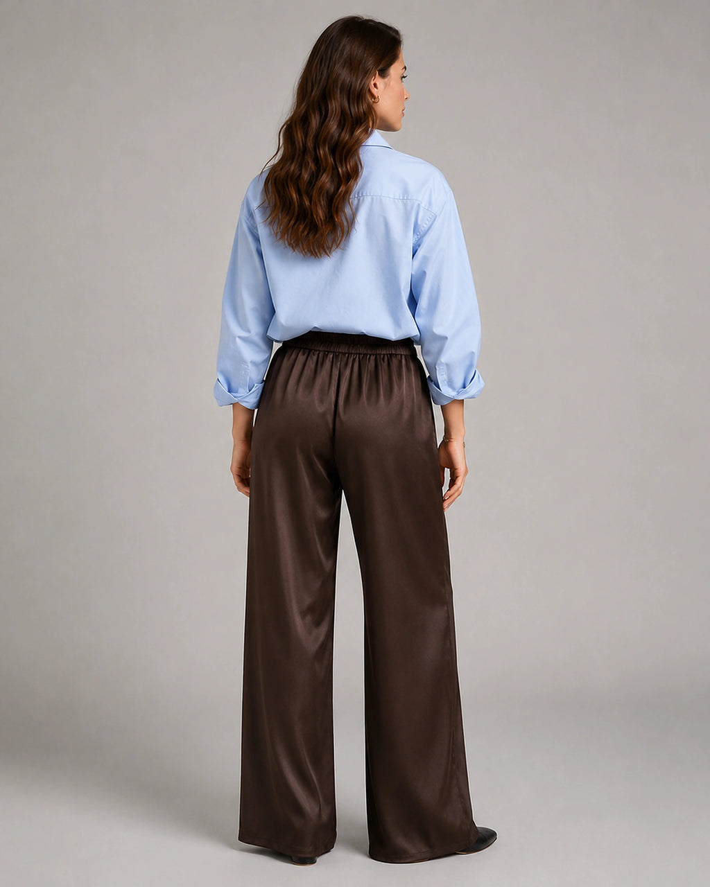 Women's High Waisted Wide Leg Satin-Look Trousers with Side Pockets – Vesper Jane