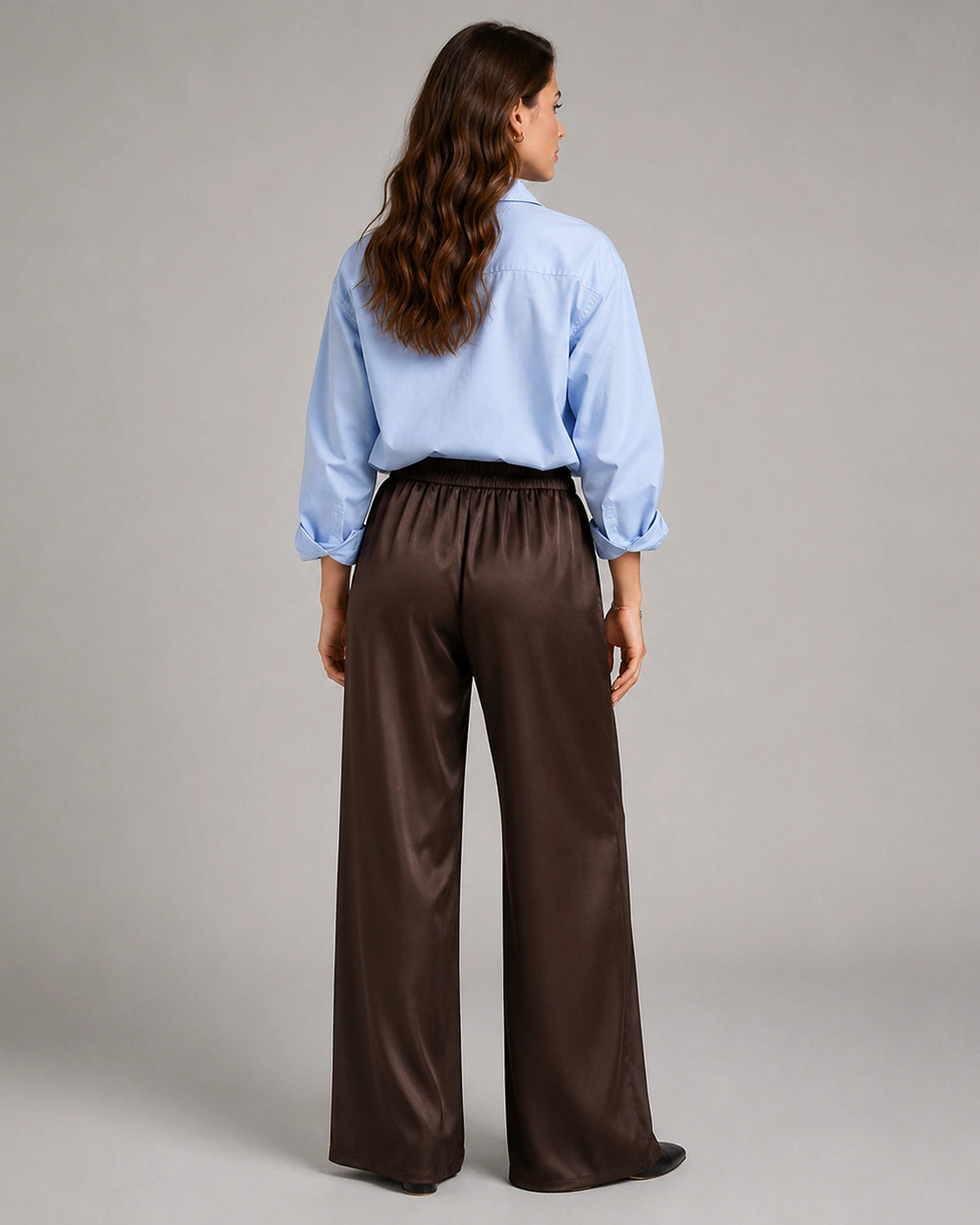 Women's High Waisted Wide Leg Satin-Look Trousers with Side Pockets – Vesper Jane