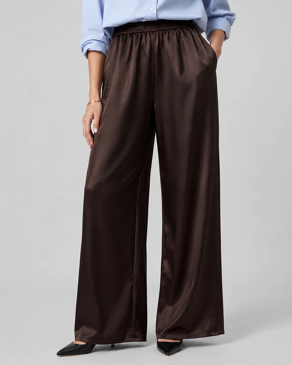 Women's High Waisted Wide Leg Satin-Look Trousers with Side Pockets – Vesper Jane
