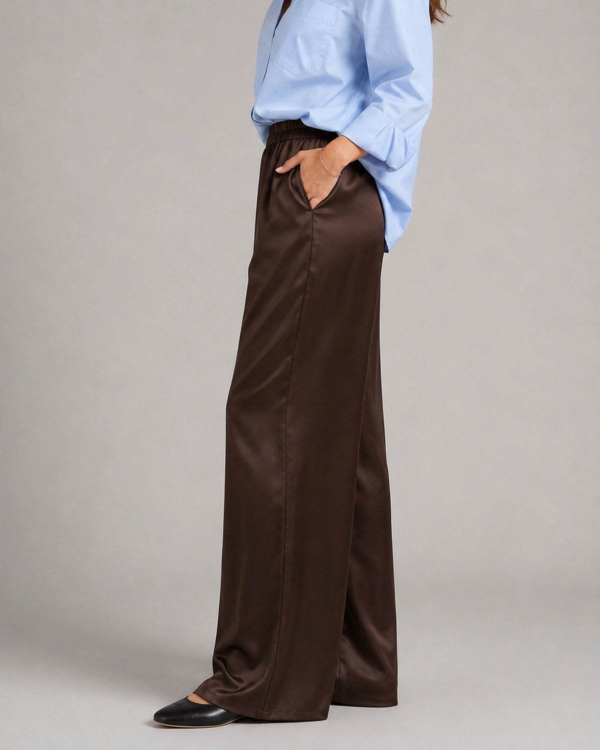 Women's High Waisted Wide Leg Satin-Look Trousers with Side Pockets – Vesper Jane