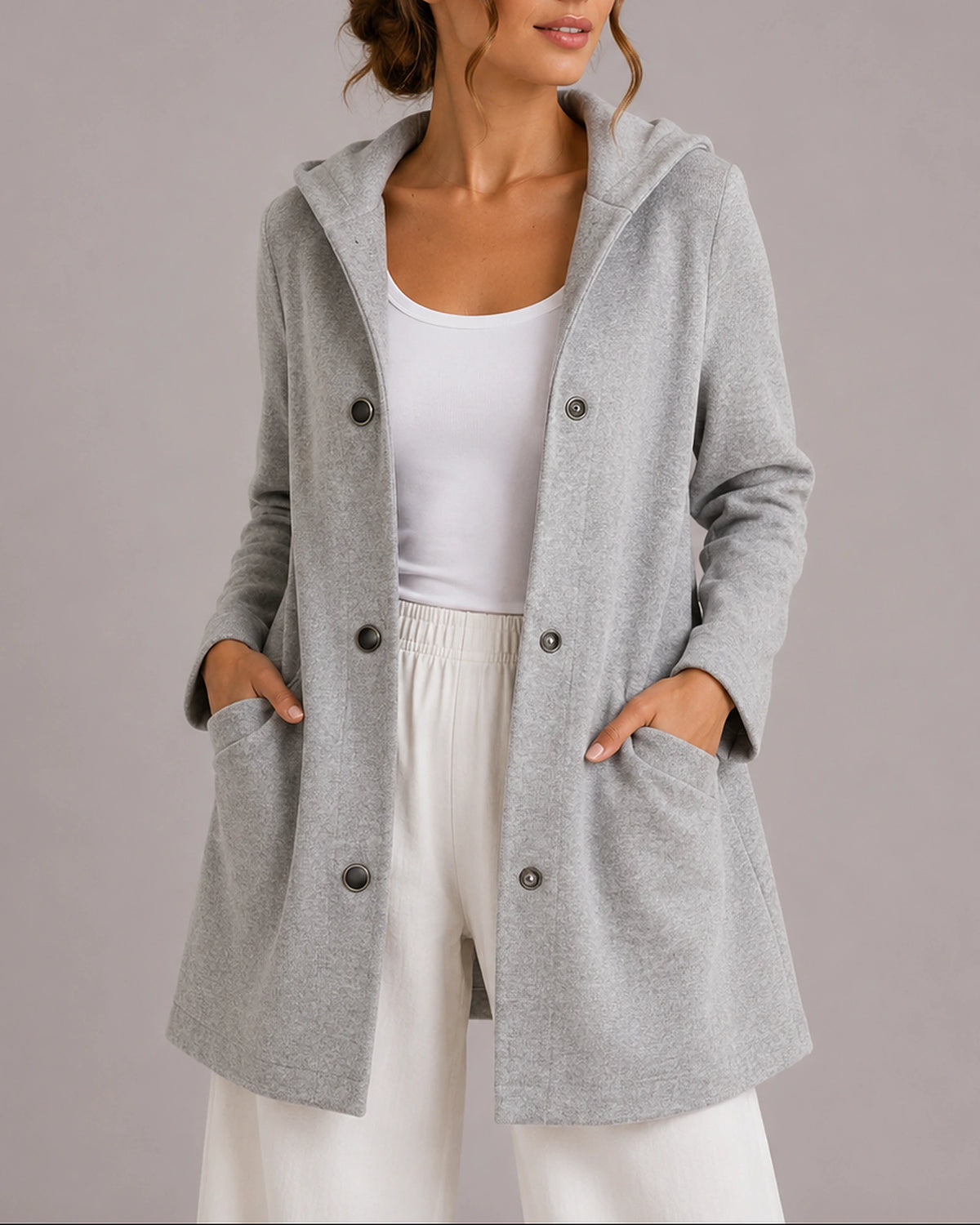 Women's Coatigan, Hooded Button-Up Cardigan for Women with Front Patch Pockets – Una
