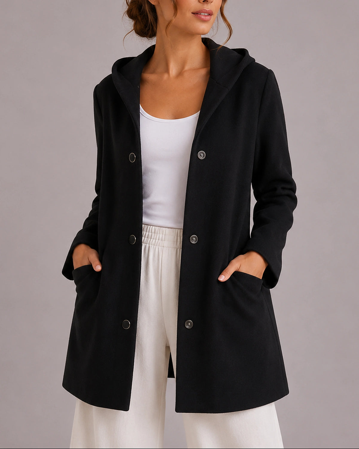 Women's Coatigan, Hooded Button-Up Cardigan for Women with Front Patch Pockets – Una