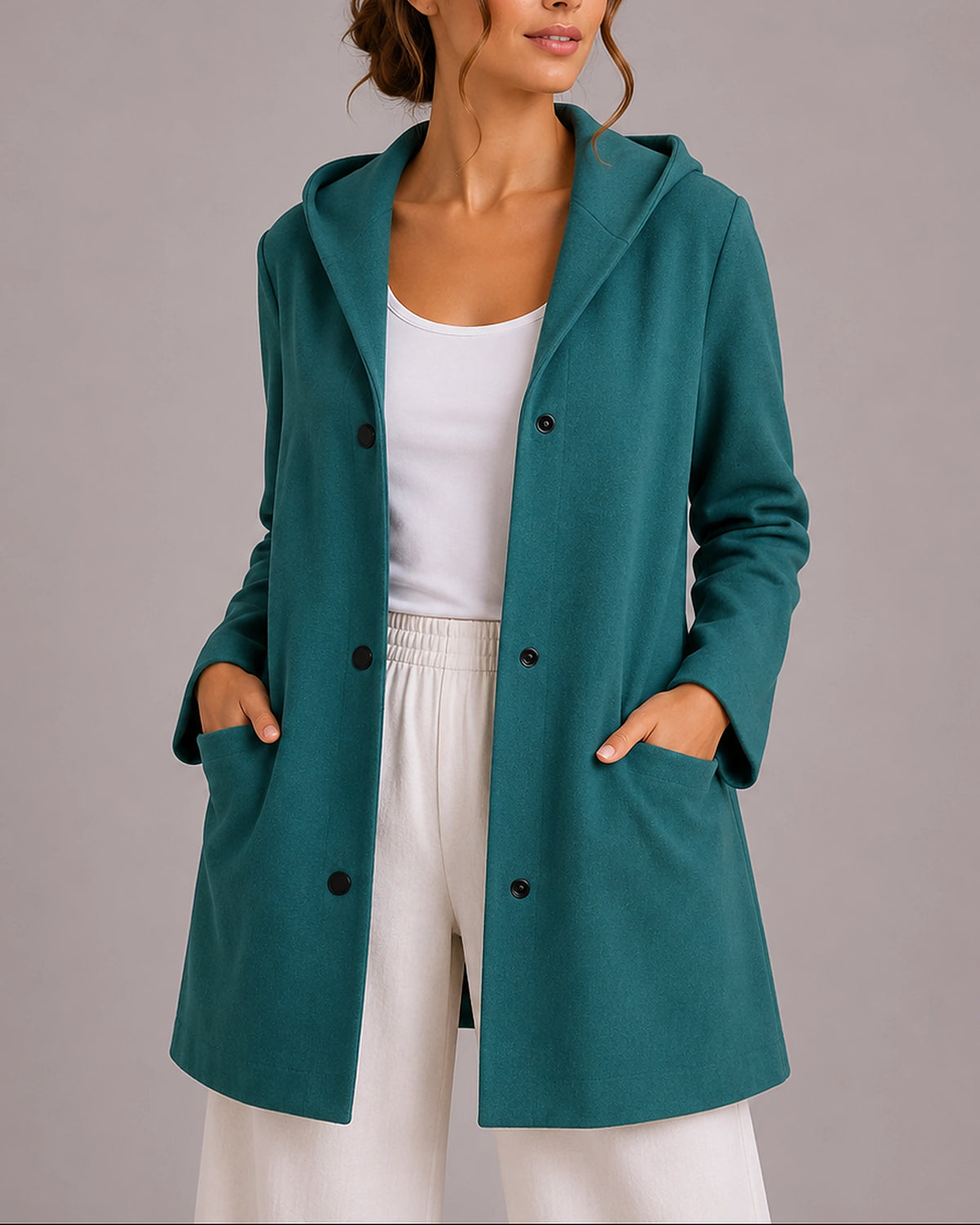 Women's Coatigan, Hooded Button-Up Cardigan for Women with Front Patch Pockets – Una