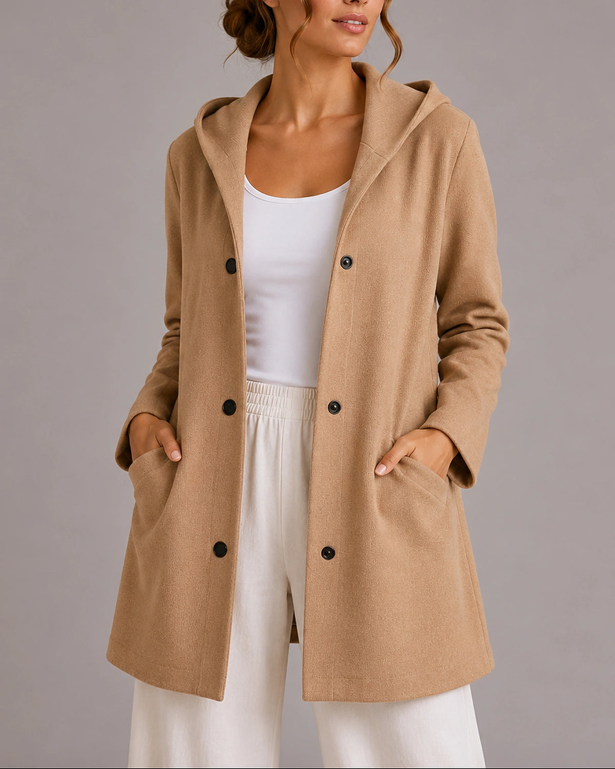 Women's Coatigan, Hooded Button-Up Cardigan for Women with Front Patch Pockets – Una