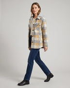 Women's Coat with Hood and Single-Breasted Button Front, Check Pattern – Wren Grey
