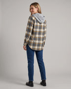 Women's Coat with Hood and Single-Breasted Button Front, Check Pattern – Wren Grey