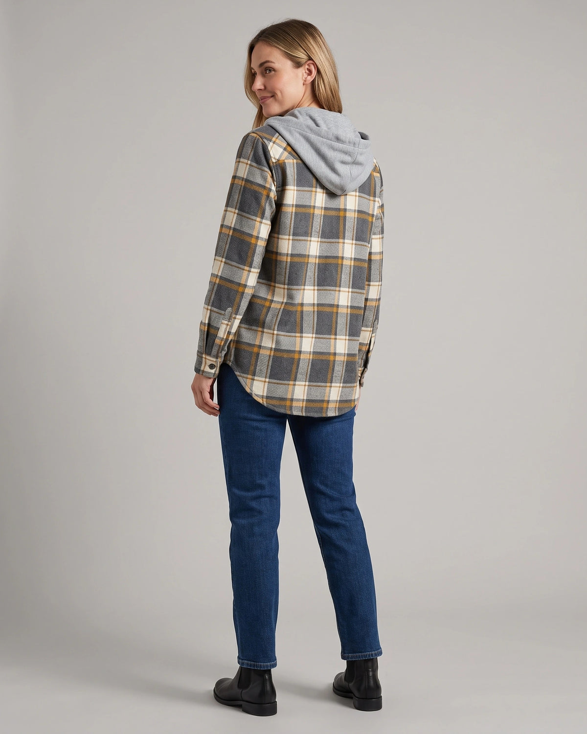 Women's Coat with Hood and Single-Breasted Button Front, Check Pattern – Wren Grey