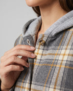 Women's Coat with Hood and Single-Breasted Button Front, Check Pattern – Wren Grey