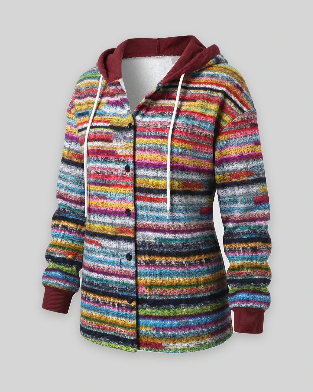 Women's Coat with Hood and Single-Breasted Button Front, Check Pattern – Wren Grey