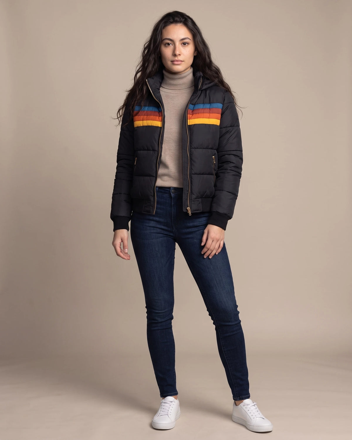 Women's Bomber Puffer Jacket with Hood in Colour Block Stripes, Zip Pockets – Saffron